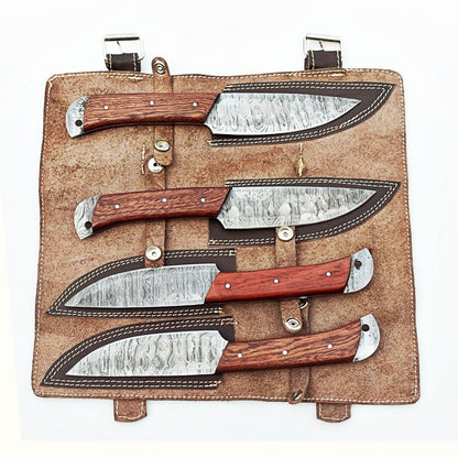 Ruddock Bros 4 piece steak knife set with natural brown hardwood handle and Damascus steel blade Ruddock El Paso Texas with suede leather pouch