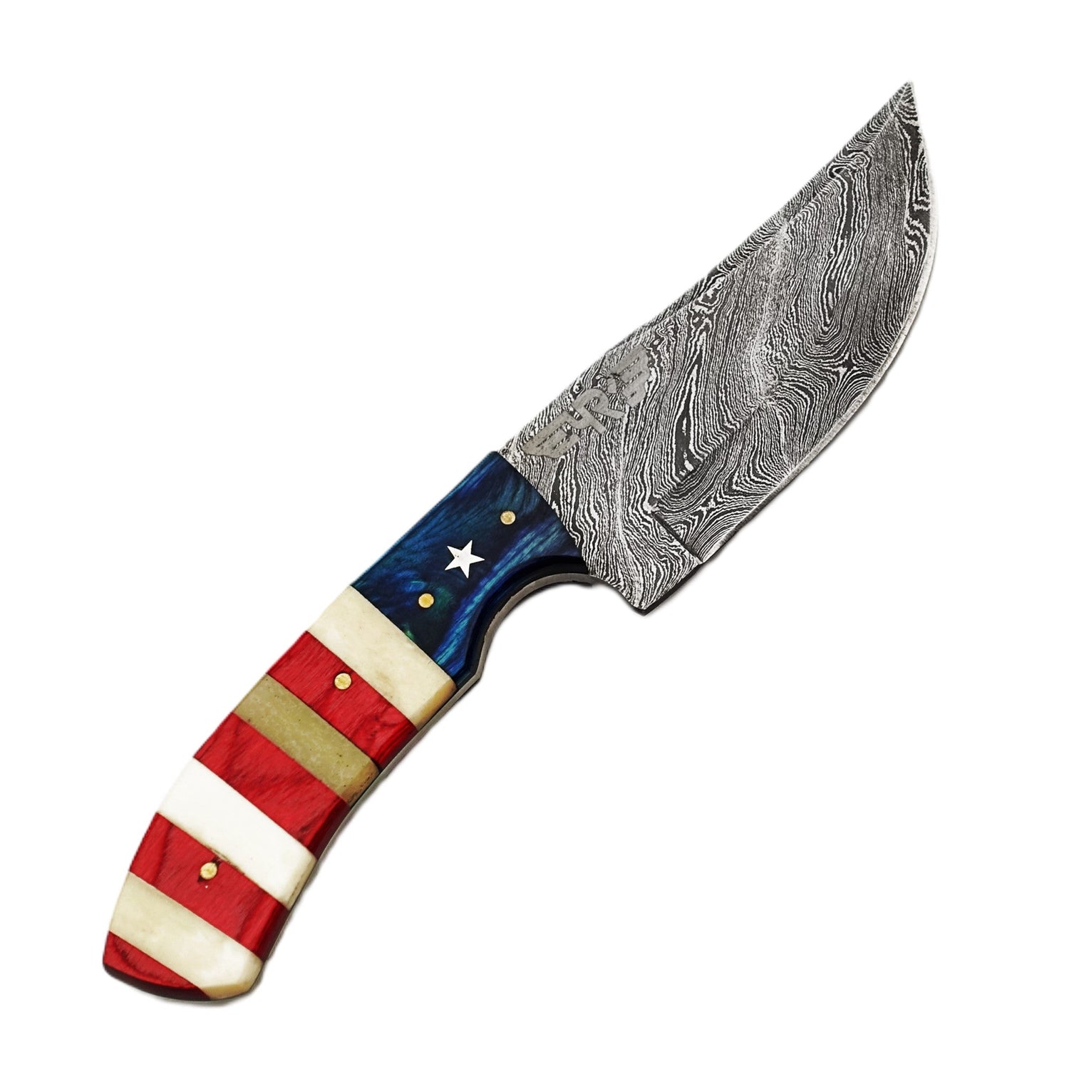Ruddock Bros fixed blade knife with natural bone and hardwood handle and Damascus steel blade includes leather sheath Ruddock El Paso Texas