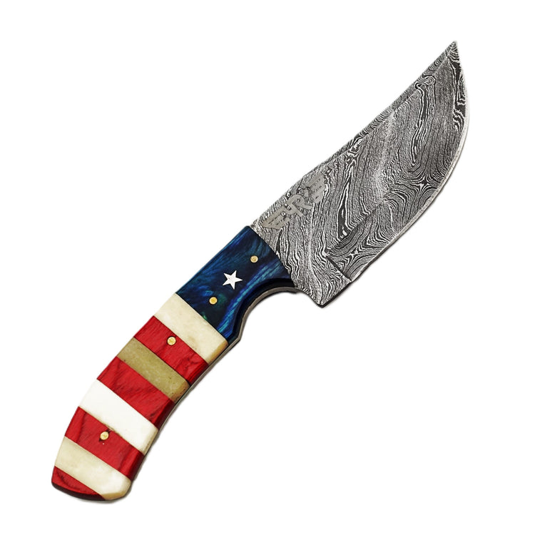 Ruddock Bros fixed blade knife with natural bone and hardwood handle and Damascus steel blade includes leather sheath Ruddock El Paso Texas