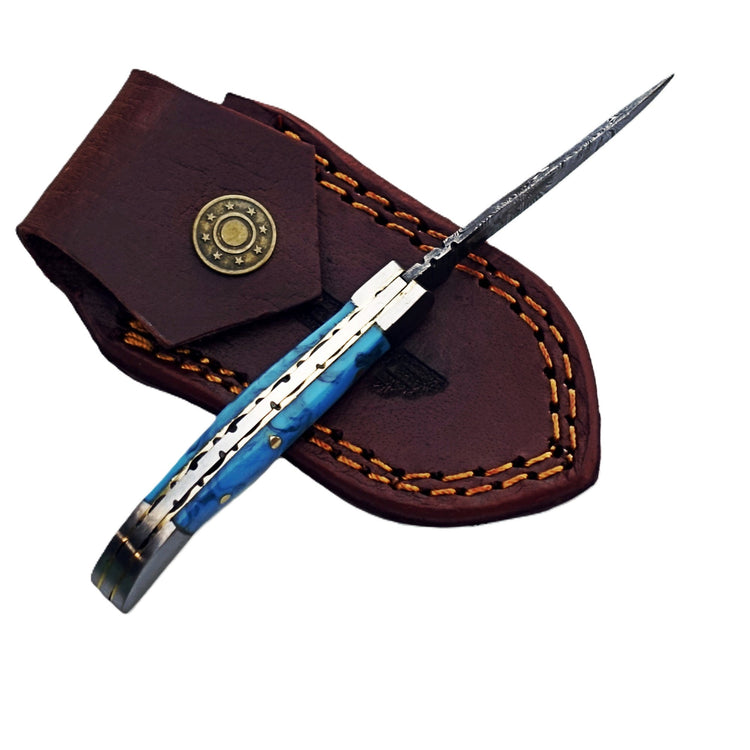 Ruddock Bros slim folding pocket knife with resin plastic handle and Damascus steel blade and leather sheath Ruddock El Paso Texas