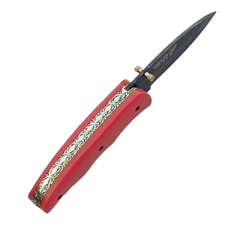 Ruddock Bros Damascus steel folding knife with acid wash blade  and pink handle Ruddock El Paso Texas