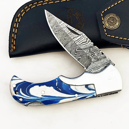 Blueberry Glaze Folding Knife - Damascus Steel