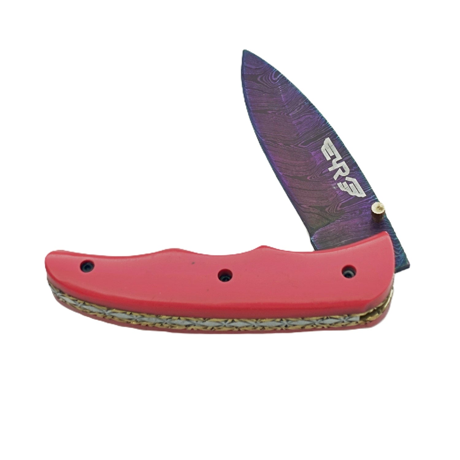 Ruddock Bros Damascus steel folding knife with acid wash blade  and pink handle Ruddock El Paso Texas