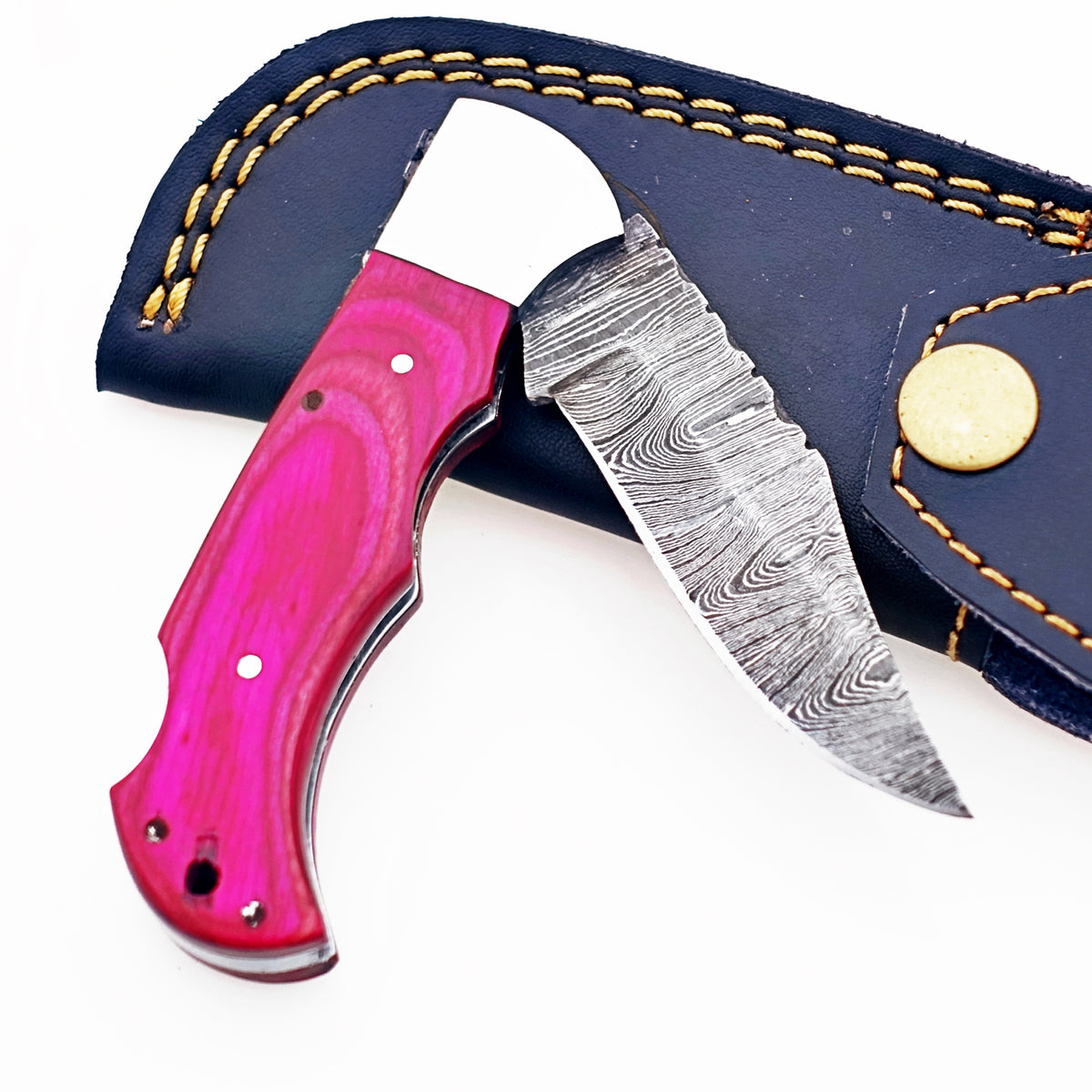 Pinkie Folding Pocket Knife Damascus Steel Blade EDC