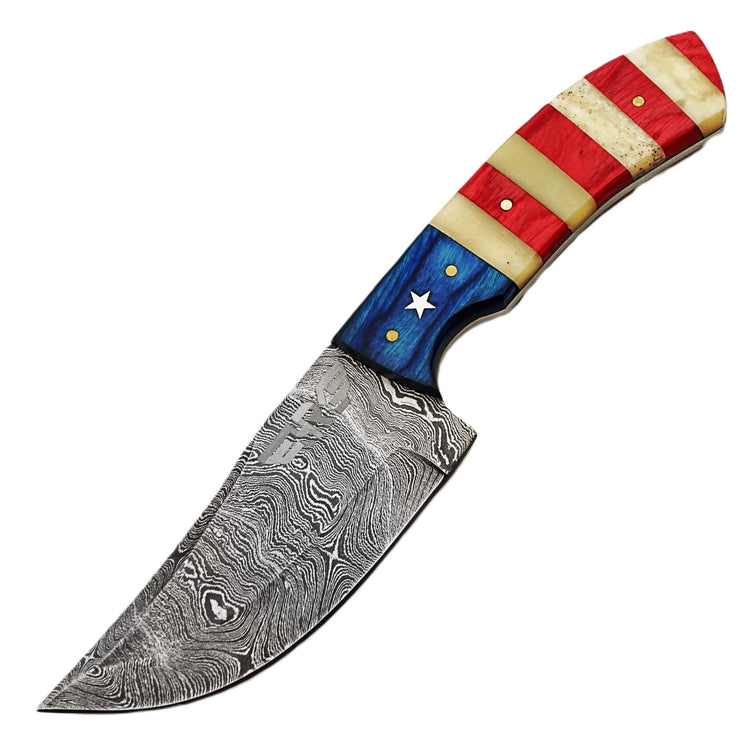 Ruddock Bros fixed blade knife with natural bone and hardwood handle and Damascus steel blade includes leather sheath Ruddock El Paso Texas