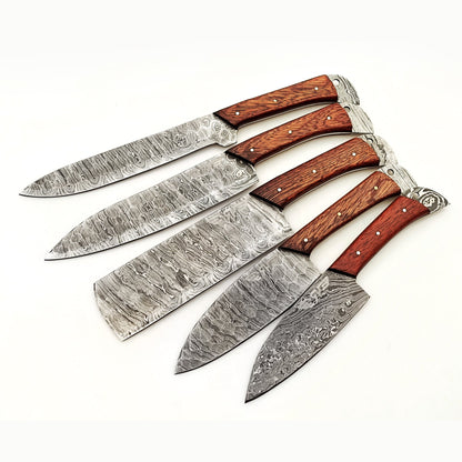 Damascus steel knife 5 piece knife set with rosewood handles by Ruddock Bros El Paso Texas Ruddock Shirts with leather carry pouch