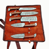 Damascus steel knife 5 piece knife set with rosewood handles by Ruddock Bros El Paso Texas Ruddock Shirts with leather carry pouch