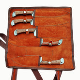 Damascus steel knife 5 piece knife set with rosewood handles by Ruddock Bros El Paso Texas Ruddock Shirts with leather carry pouch