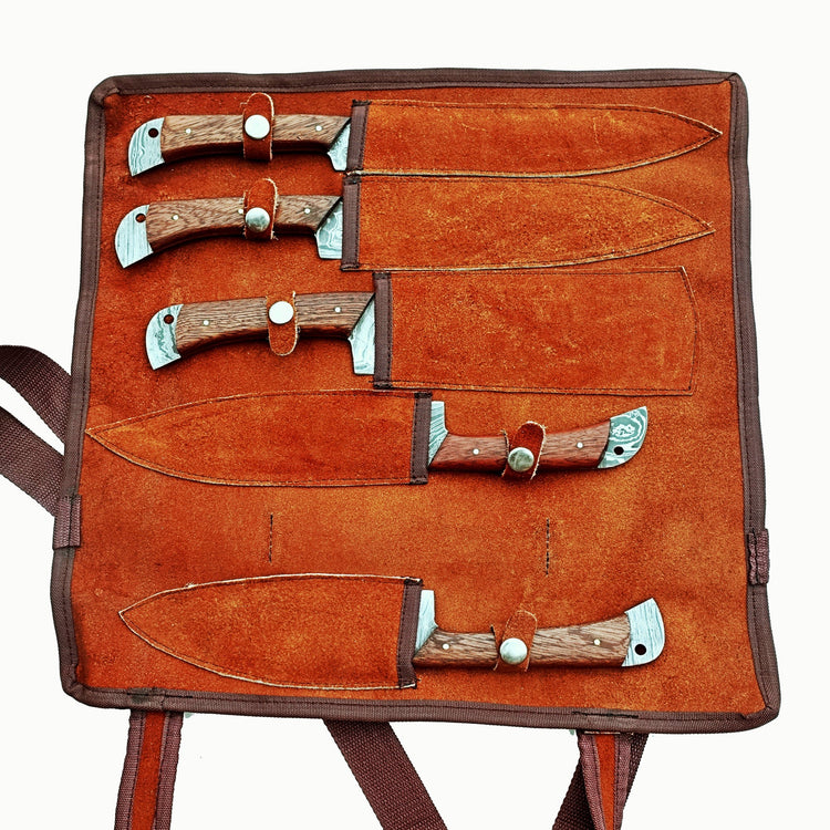 Damascus steel knife 5 piece knife set with rosewood handles by Ruddock Bros El Paso Texas Ruddock Shirts with leather carry pouch
