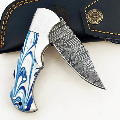 Blueberry Glaze Folding Knife - Damascus Steel