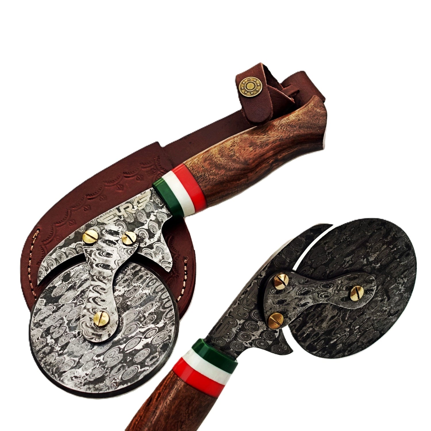 Damascus Steel Pizza Cutter with hardwood handle by Ruddock Bros El Paso Texas USA Ruddock Shirt Pizza cutter  unique pizza cutter custom pizza cutter artisan pizza cutter pizza ax pizza axe ulu