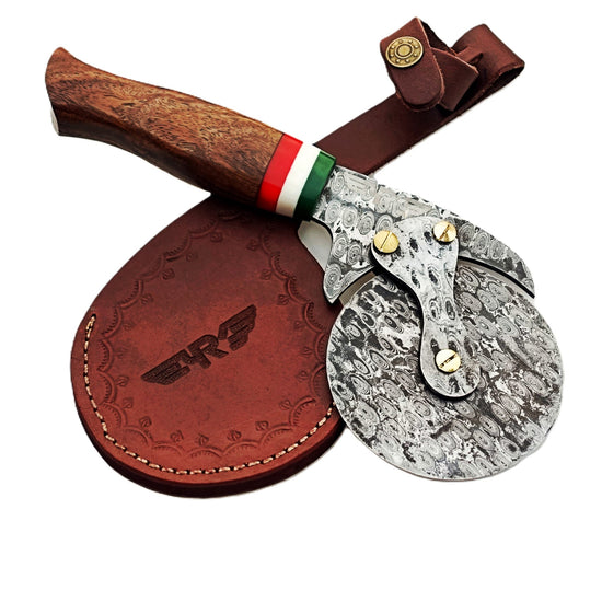 Damascus Steel Pizza Cutter with hardwood handle by Ruddock Bros Pizza cutter  unique pizza cutter custom pizza cutter artisan pizza cutter pizza ax pizza axe ulu