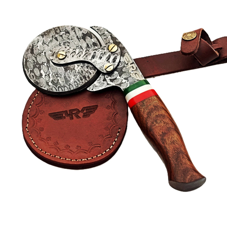 Damascus Steel Pizza Cutter with hardwood handle by Ruddock Bros El Paso Texas USA Ruddock Shirt Pizza cutter  unique pizza cutter custom pizza cutter artisan pizza cutter pizza ax pizza axe ulu