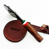 Damascus Steel Pizza Cutter with hardwood handle by Ruddock Bros El Paso Texas USA Ruddock Shirt Pizza cutter  unique pizza cutter custom pizza cutter artisan pizza cutter pizza ax pizza axe ulu