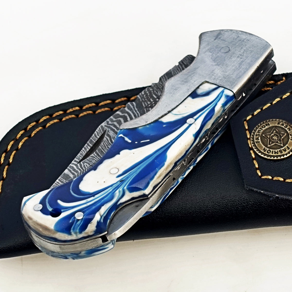 Blueberry Glaze Folding Knife - Damascus Steel