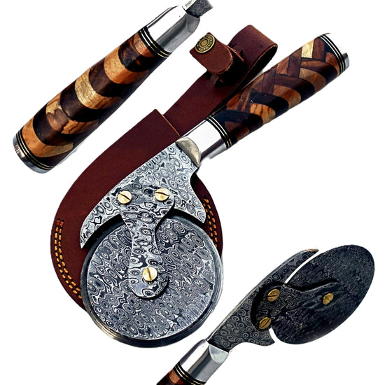 Basketweave Pizza Cutter - Hardwood - Damascus Steel
