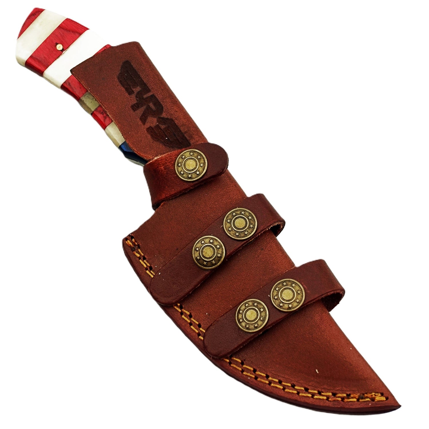Ruddock Bros fixed blade knife with natural bone and hardwood handle and Damascus steel blade includes leather sheath Ruddock El Paso Texas