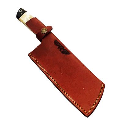 Damascus Steel Cleaver with hardwood and bone handle by Ruddock Bros El Paso Texas USA Ruddock Shirt