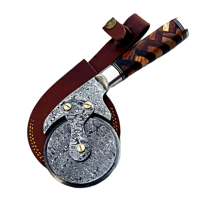 Basketweave Pizza Cutter - Hardwood - Damascus Steel