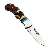 Ruddock Bros folding knife with natural stag and wood handle with stainless steel blade with leather sheath Ruddock El Paso Texas