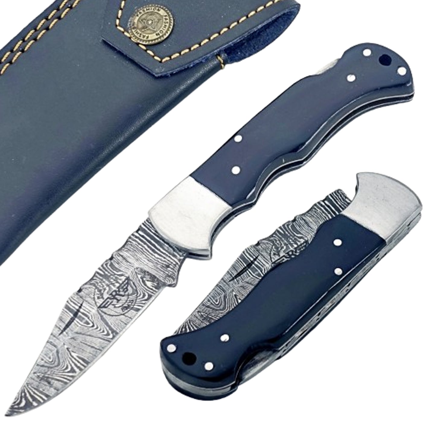 Buffalo Horn Folding Knife - Damascus Steel