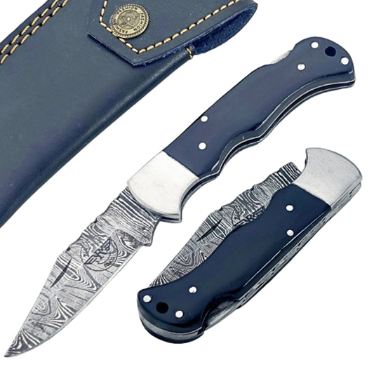 Buffalo Horn Folding Knife - Damascus Steel