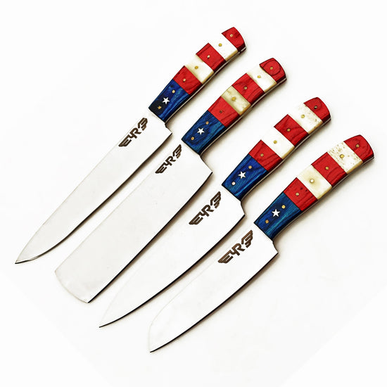 Stainless steel four piece knife set with patriotic handles with bone and hardwood by Ruddock Bros El Paso Texas Ruddock Shirts