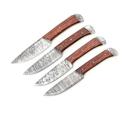 Ruddock Bros 4 piece steak knife set with natural brown hardwood handle and Damascus steel blade Ruddock El Paso Texas