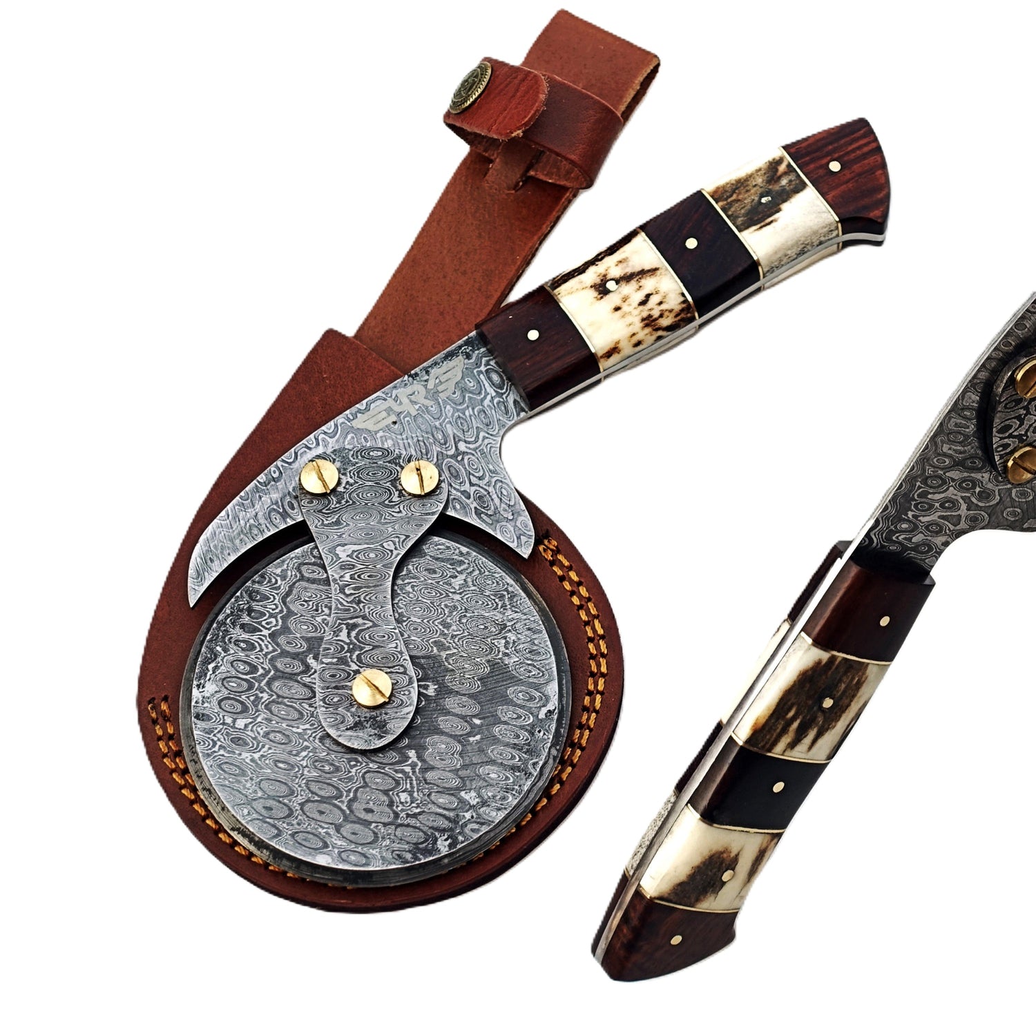 Damascus Steel Pizza Cutter with hardwood and natural bone handle by Ruddock Bros El Paso Texas USA Ruddock Shirt cutlery pizza brick oven