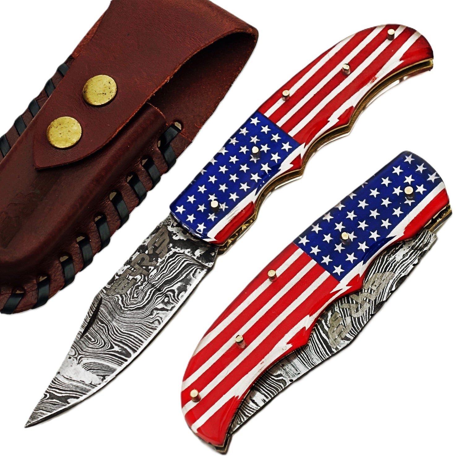 Ruddock Bros folding knife with plastic resin handle in American Flag pattern and Damascus steel blade with leather sheath Ruddock El Paso Texas