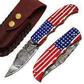 Ruddock Bros folding knife with plastic resin handle in American Flag pattern and Damascus steel blade with leather sheath Ruddock El Paso Texas