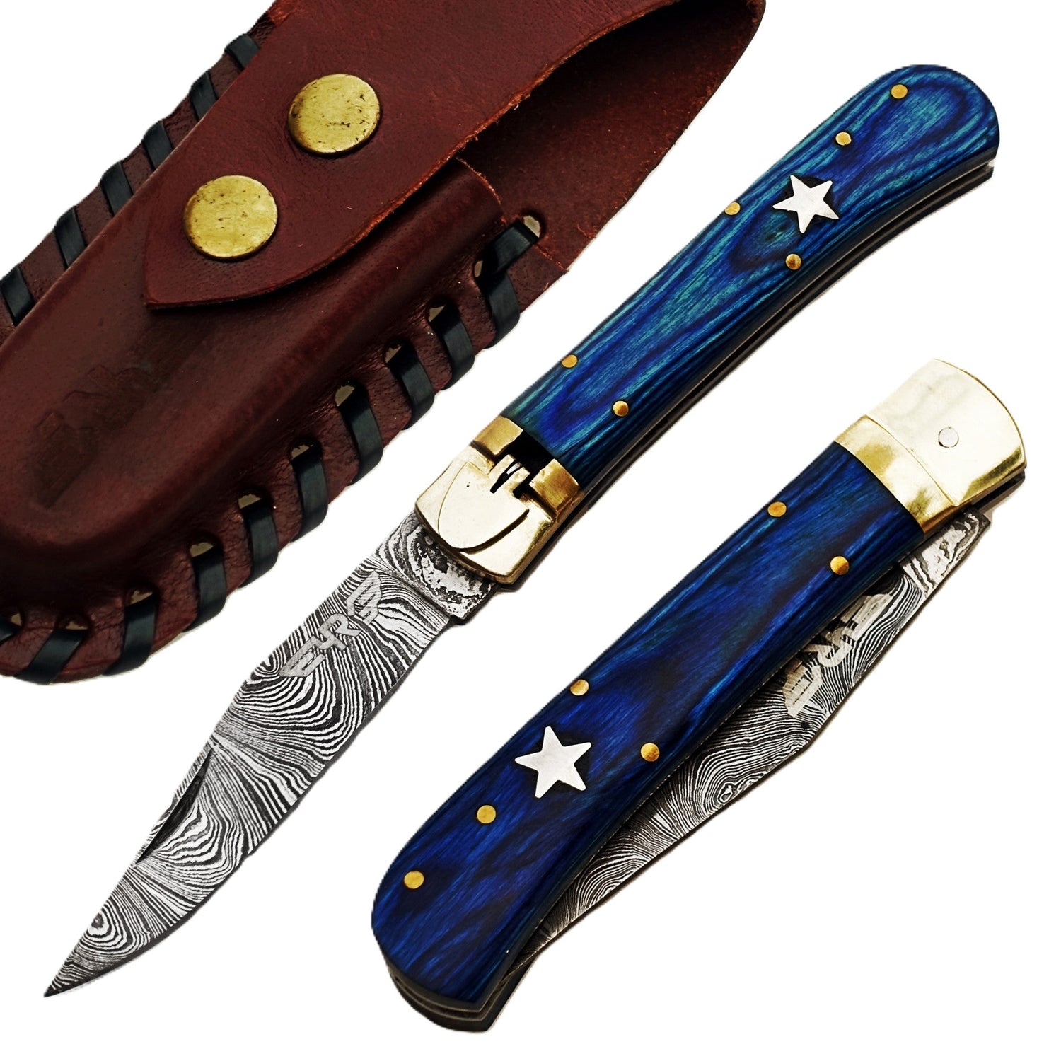 Ruddock Bros folding knife with blue hardwood handle and Damascus steel blade with spring assist includes leather sheath Ruddock El Paso Texas