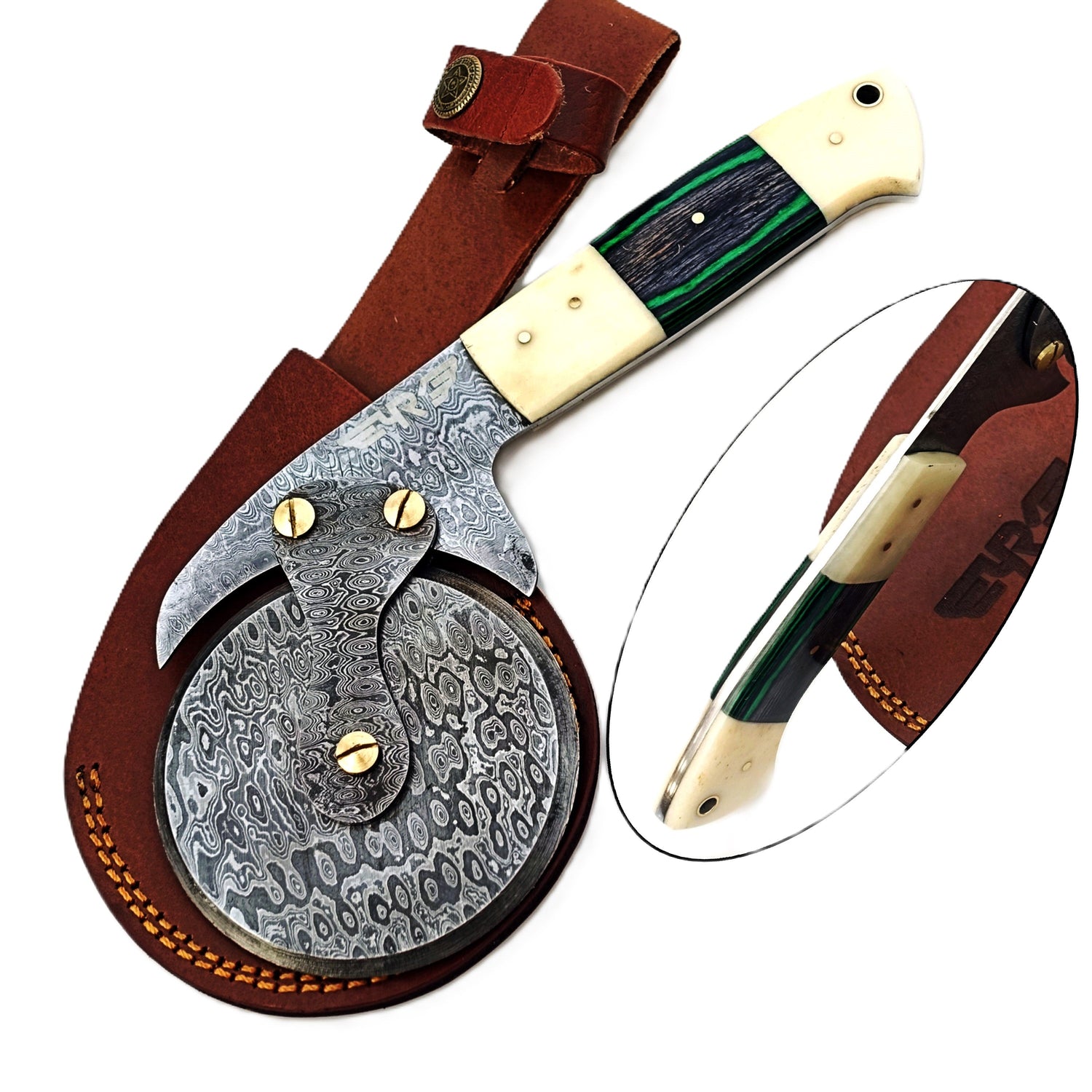 Damascus Steel Pizza Cutter with hardwood and natural bone handle by Ruddock Bros El Paso Texas USA Ruddock Shirt cutlery pizza brick oven Pizza cutter  unique pizza cutter custom pizza cutter artisan pizza cutter pizza ax pizza axe ulu