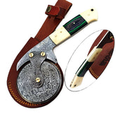 Damascus Steel Pizza Cutter with hardwood and natural bone handle by Ruddock Bros El Paso Texas USA Ruddock Shirt cutlery pizza brick oven Pizza cutter  unique pizza cutter custom pizza cutter artisan pizza cutter pizza ax pizza axe ulu