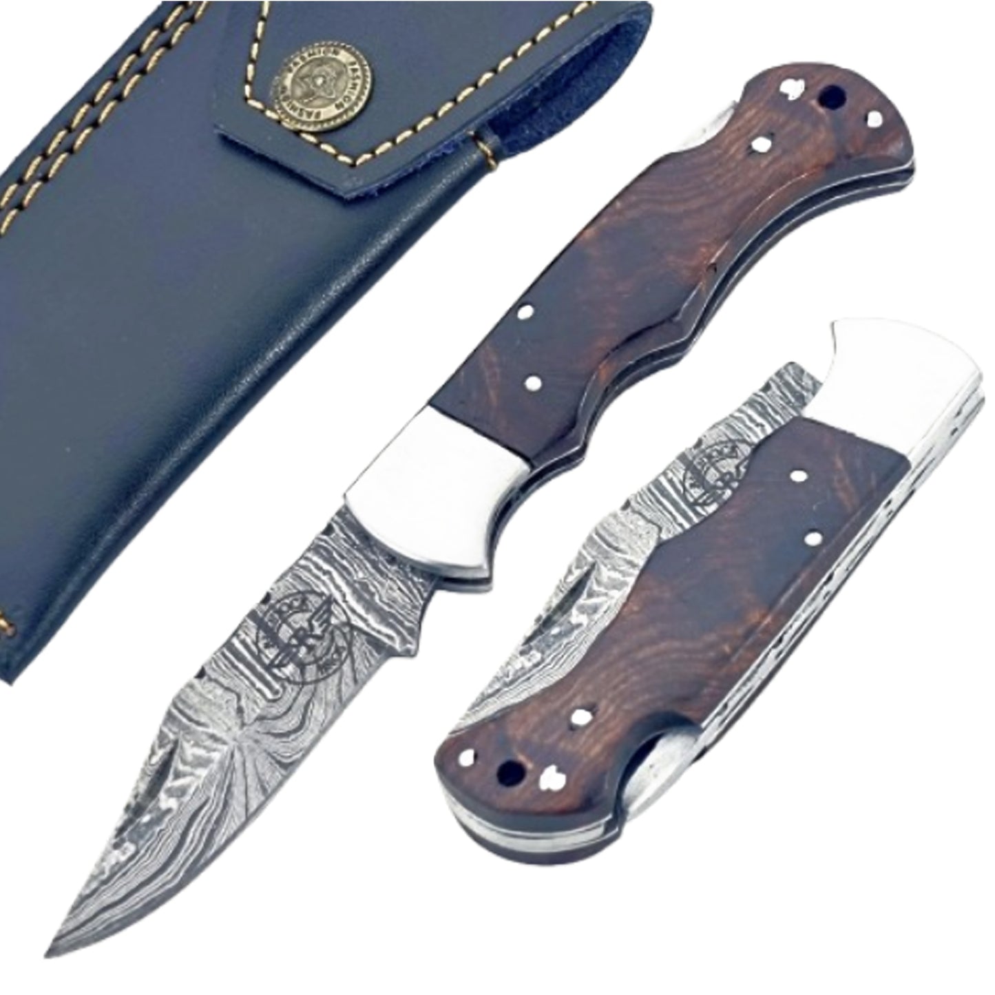 Walnut wood Folding Knife - Damascus Steel