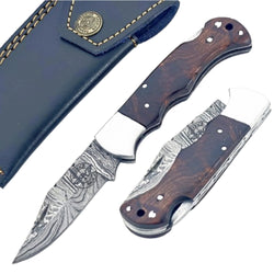 Walnut wood Folding Knife - Damascus Steel