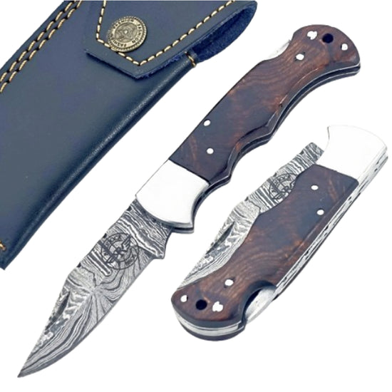 Walnut wood Folding Knife - Damascus Steel