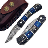 Ruddock Bros Folding Knife with leather sheath damascus steel and hardwood handle Ruddock El Paso Texas USA