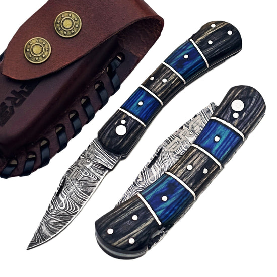 Ruddock Bros Folding Knife with leather sheath damascus steel and hardwood handle Ruddock El Paso Texas USA