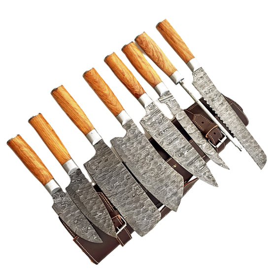 Olive Wood Chef Knife Set - Damascus Steel