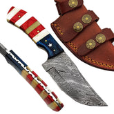 Ruddock Bros fixed blade knife with natural bone and hardwood handle and Damascus steel blade includes leather sheath Ruddock El Paso Texas