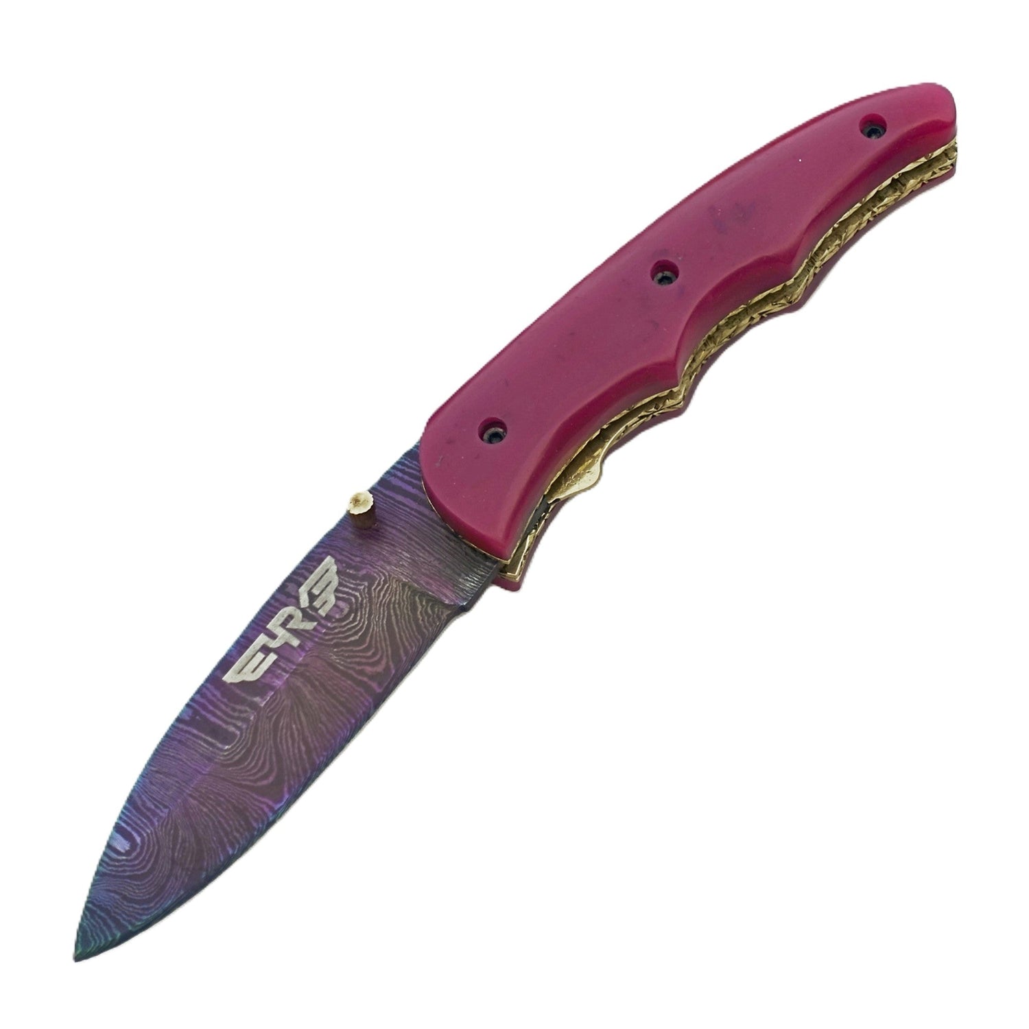 Ruddock Bros Damascus steel folding knife with acid wash blade  and sangria purple handle Ruddock El Paso Texas