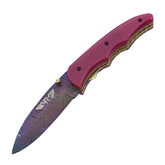 Ruddock Bros Damascus steel folding knife with acid wash blade  and sangria purple handle Ruddock El Paso Texas