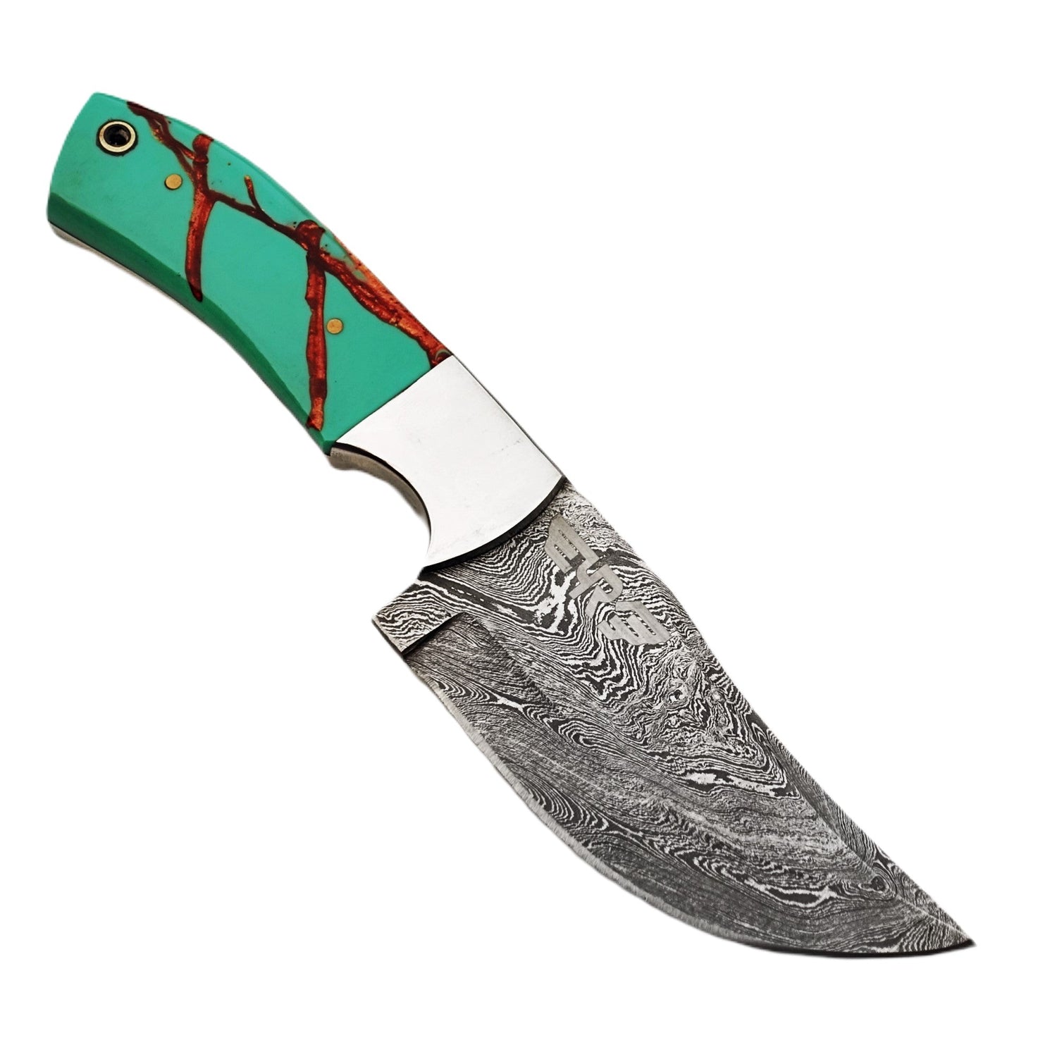 Damascus steel fixed blade knife with resin handle in turquoise with brown accents by Ruddock Bros El Paso TX 