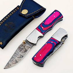 Pink Blue Folding Knife Damascus – Premium Sharp EDC Pocket Blade