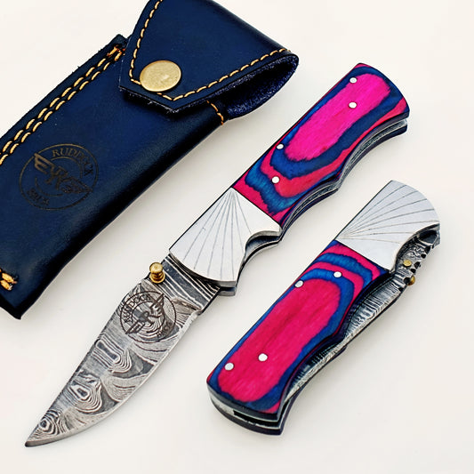 Pink Blue Folding Knife Damascus – Premium Sharp EDC Pocket Blade