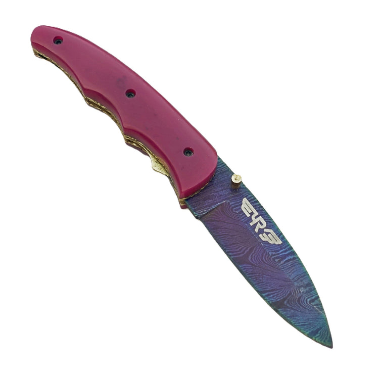 Ruddock Bros Damascus steel folding knife with acid wash blade  and sangria purple handle Ruddock El Paso Texas