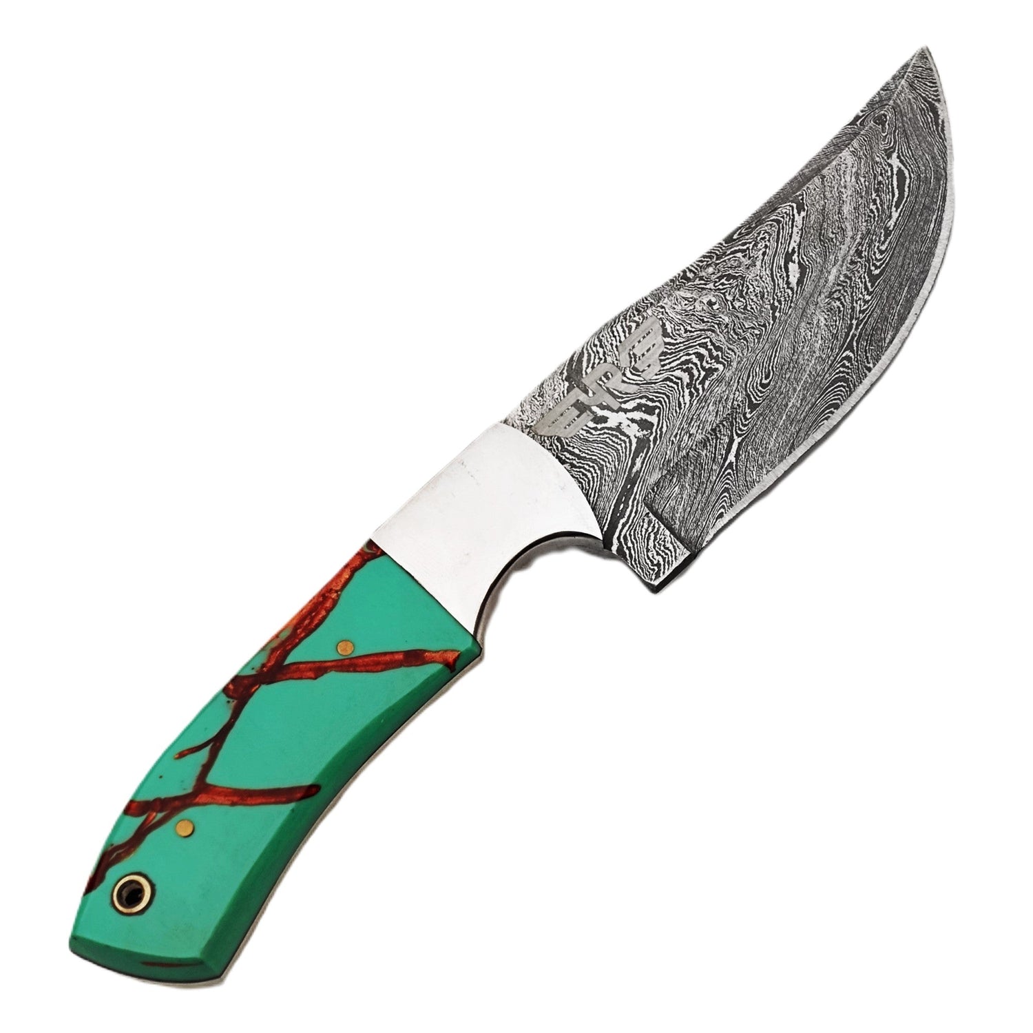 Damascus steel fixed blade knife with resin handle in turquoise with brown accents by Ruddock Bros El Paso TX 