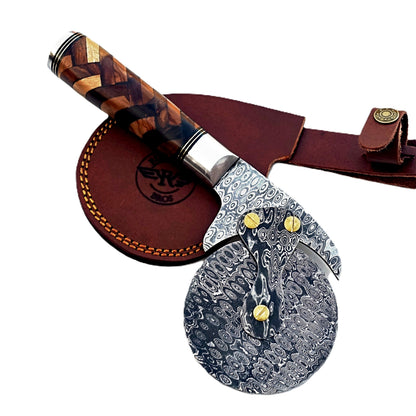 Basketweave Pizza Cutter - Hardwood - Damascus Steel