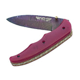 Ruddock Bros Damascus steel folding knife with acid wash blade  and sangria purple handle Ruddock El Paso Texas